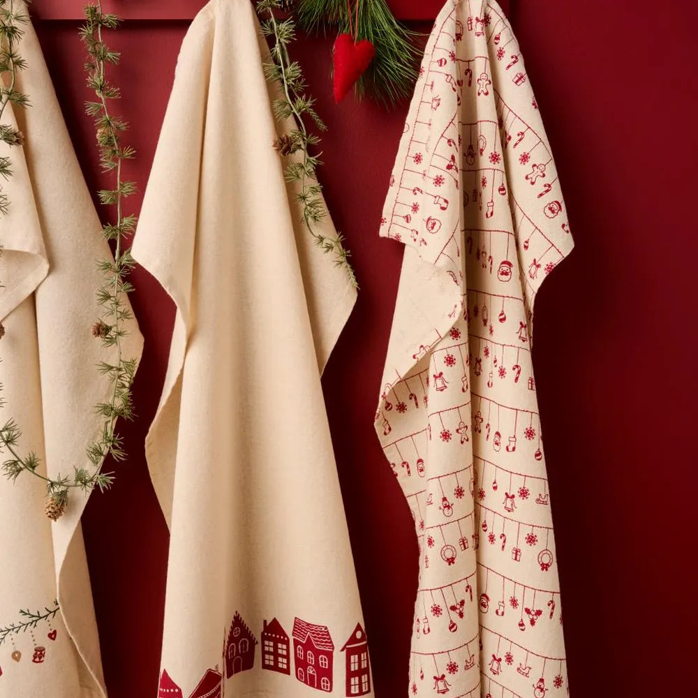 Ib Laursen - Geschirrtuch Sally natur mit roten Häusern