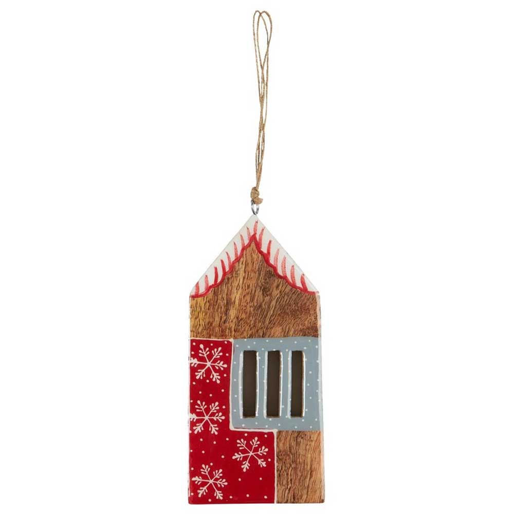 Das Ib Laursen - Haus zum Hängen 18,7 cm ist ein hölzernes Weihnachtsornament in der Form eines Hauses, mit den Holzfarben Rot, Blau und Natur sowie Schneeflockenmustern und einer Kordelschlaufe zum Aufhängen.