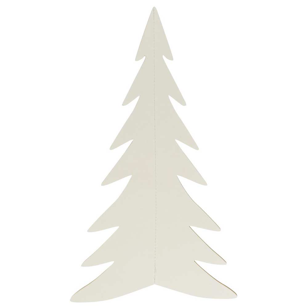 Eine minimalistische, flache, weiße Silhouette eines Weihnachtsbaums mit gleichmäßig verteilten Zweigen aus der Scherenschnitt Tannenbaum stehend-Kollektion von Ib Laursen.