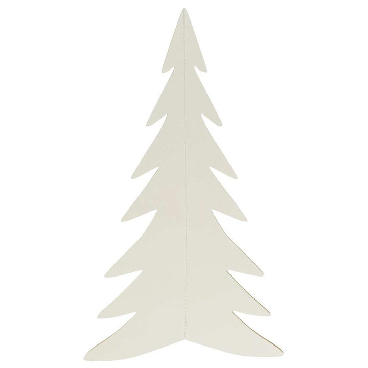 Eine minimalistische, flache, weiße Silhouette eines Weihnachtsbaums mit gleichmäßig verteilten Zweigen aus der Scherenschnitt Tannenbaum stehend-Kollektion von Ib Laursen.