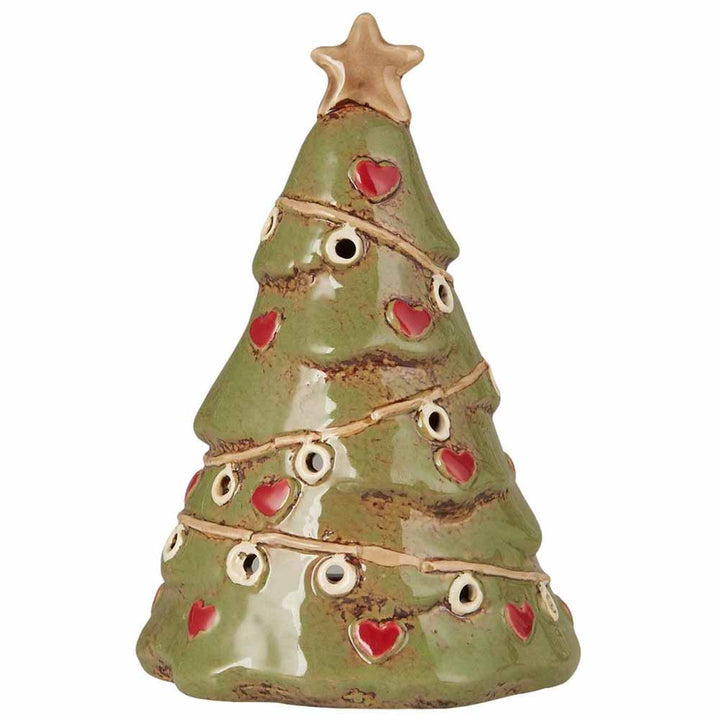 Der Ib Laursen - Tannenbaum stehend Stillenat ist ein Christbaumschmuck aus Keramik, der mit roten Herzen, kleinen weißen Girlanden geschmückt und mit einem goldenen Stern gekrönt ist.