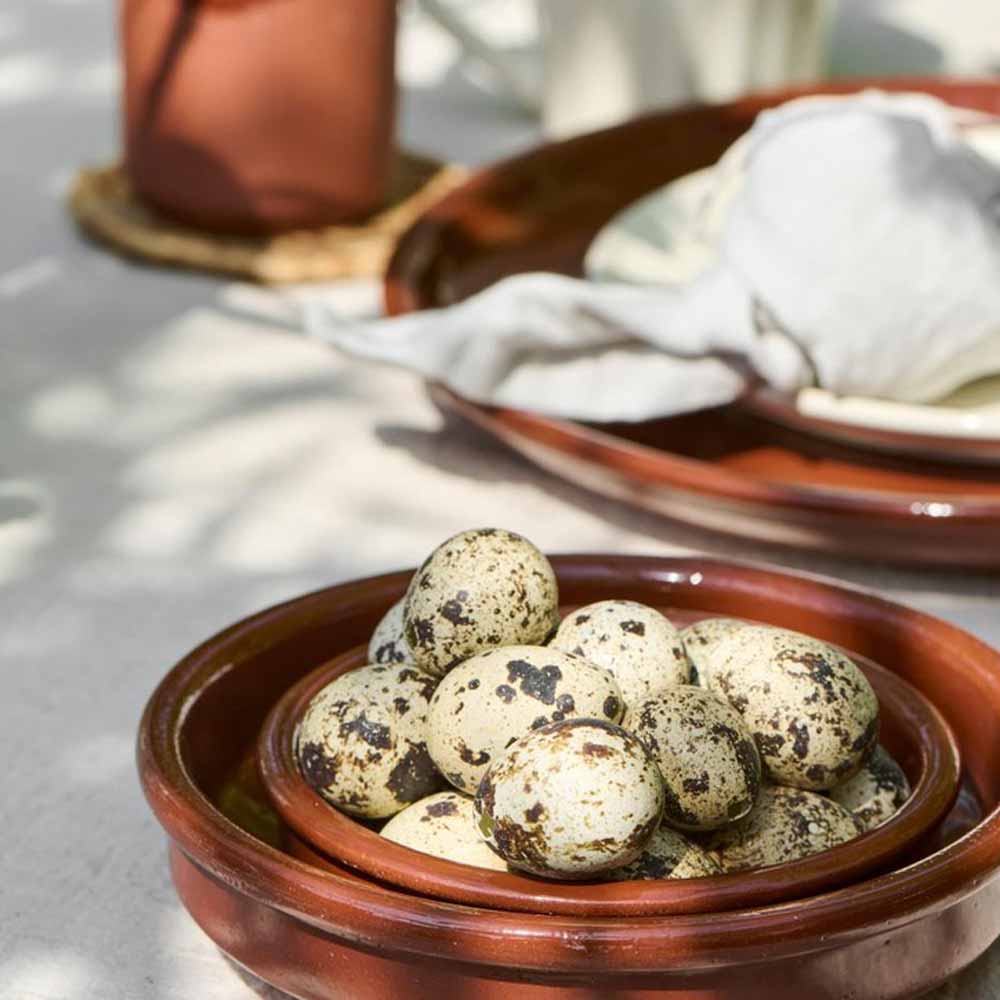 Auf einer Terrakottaschale liegt Ib Laursens Wachtelei natur Deko 12er-Set mit gesprenkelten Wachteleiern, im Hintergrund sind ein Tontopf und ein mit Stoff überzogener Gegenstand zu sehen.