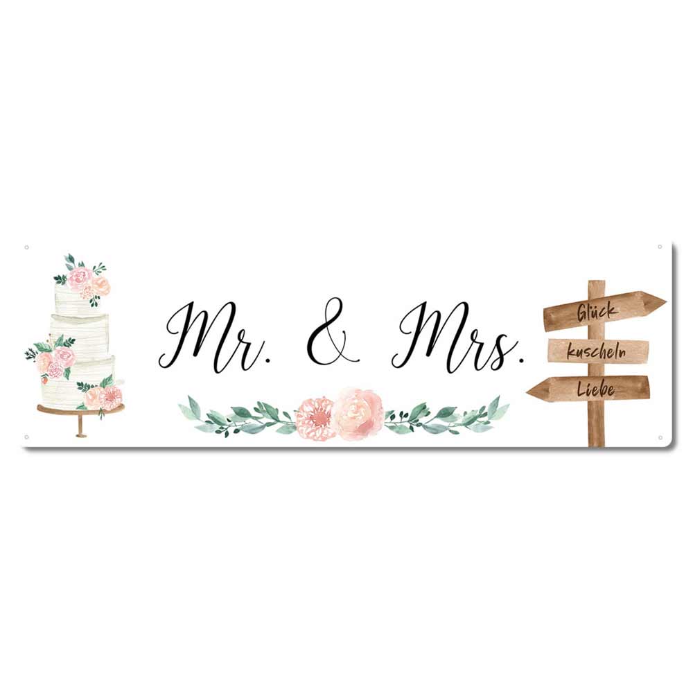 Ein Hochzeitsschild mit einer Tortenillustration, dem Text „Mr. & Mrs.“ in Schreibschrift, Blumendekor und einem hölzernen Wegweiser mit den deutschen Wörtern „Glück“, „Kuscheln“ und „Liebe“ – Interluxe Metallschild – Mr. & Mrs. Hochzeit.