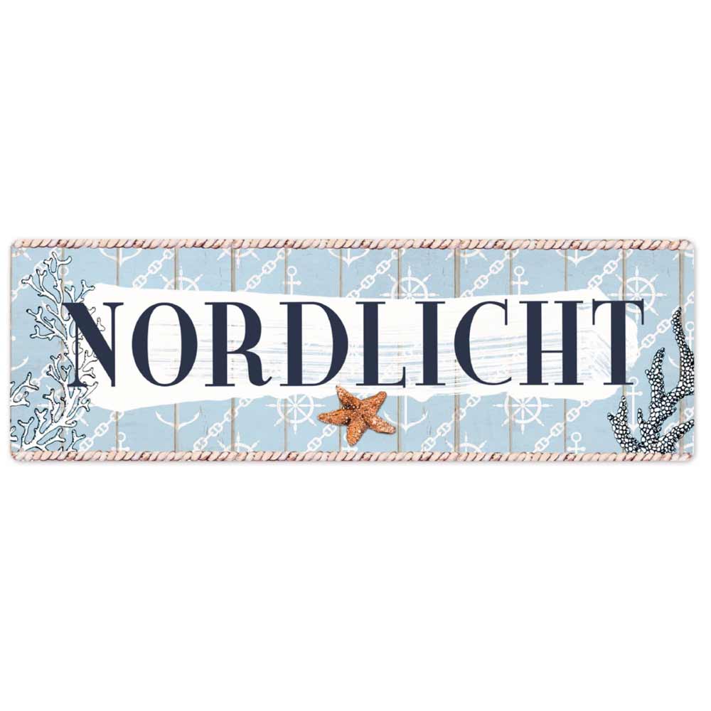 Ein dekoratives Schild mit der Aufschrift „Interluxe Metallschild – Nordlicht“ in fetten Buchstaben auf einem Hintergrund mit nautischen Motiven, darunter Abbildungen von Ankern, Seesternen und Seetang.