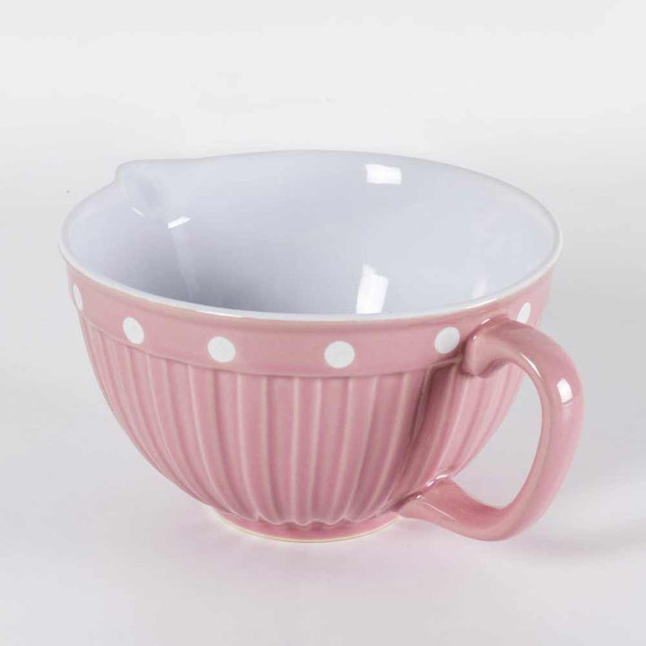 Rosa Teetasse aus Keramik mit weißen Punkten und geriffeltem Design.
Produktname: Isabelle Rose - Teetasse Keramik mit Punkten