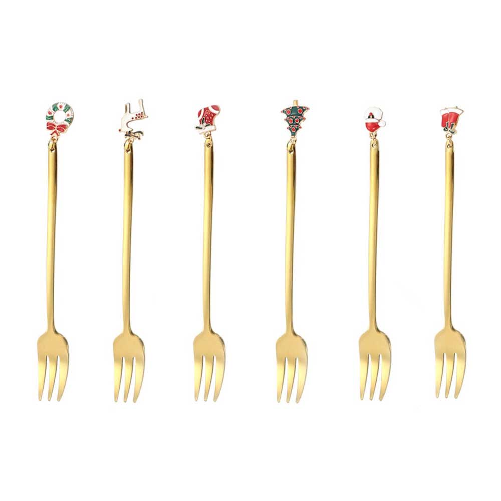 Sechs weihnachtliche Cocktailgabeln mit Goldfinish und verschiedenen bunten Dekoraufsätzen.