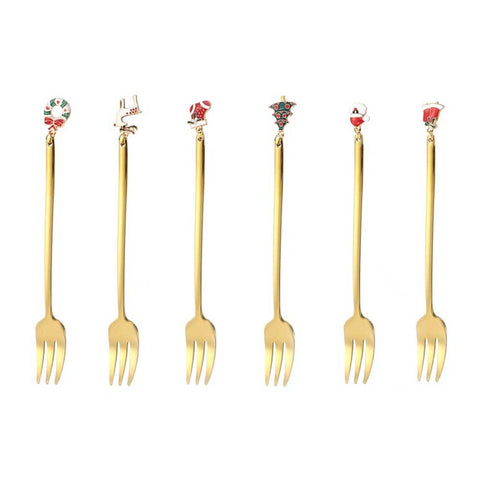 Sechs weihnachtliche Cocktailgabeln mit Goldfinish und verschiedenen bunten Dekoraufsätzen.