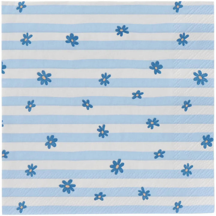 Ib Laursen - Kaffeeserviette blaue Blumen, hellblaue Streifen 20 Stück