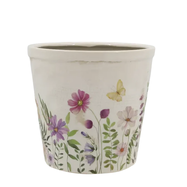 Chic Antique - Keramik Übertopf Creme mit Wiesenblumen-Motiv
