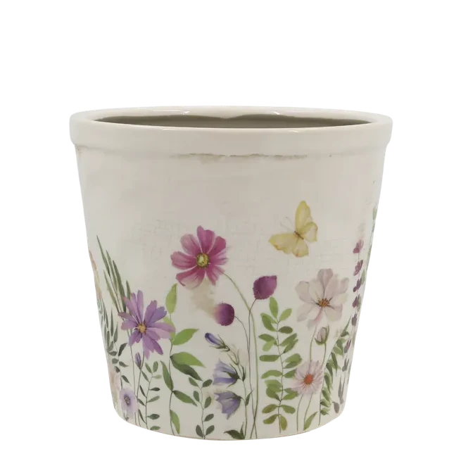 Chic Antique - Keramik Übertopf Creme mit Wiesenblumen-Motiv