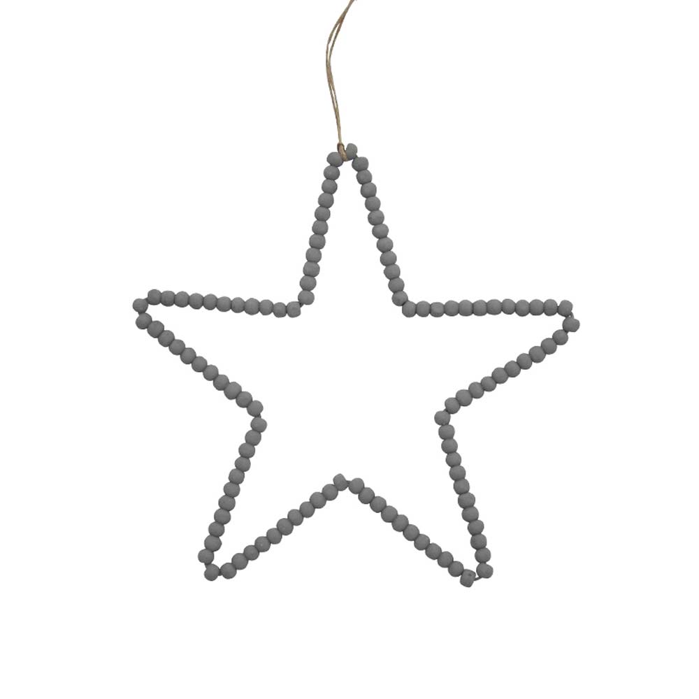 Ein großes, graues, sternförmiges Hängeornament mit Holzperlen und einer Schnurschlaufe zum Aufhängen, genannt Krasilnikoff - Anhänger mit Holzperlen Stern.