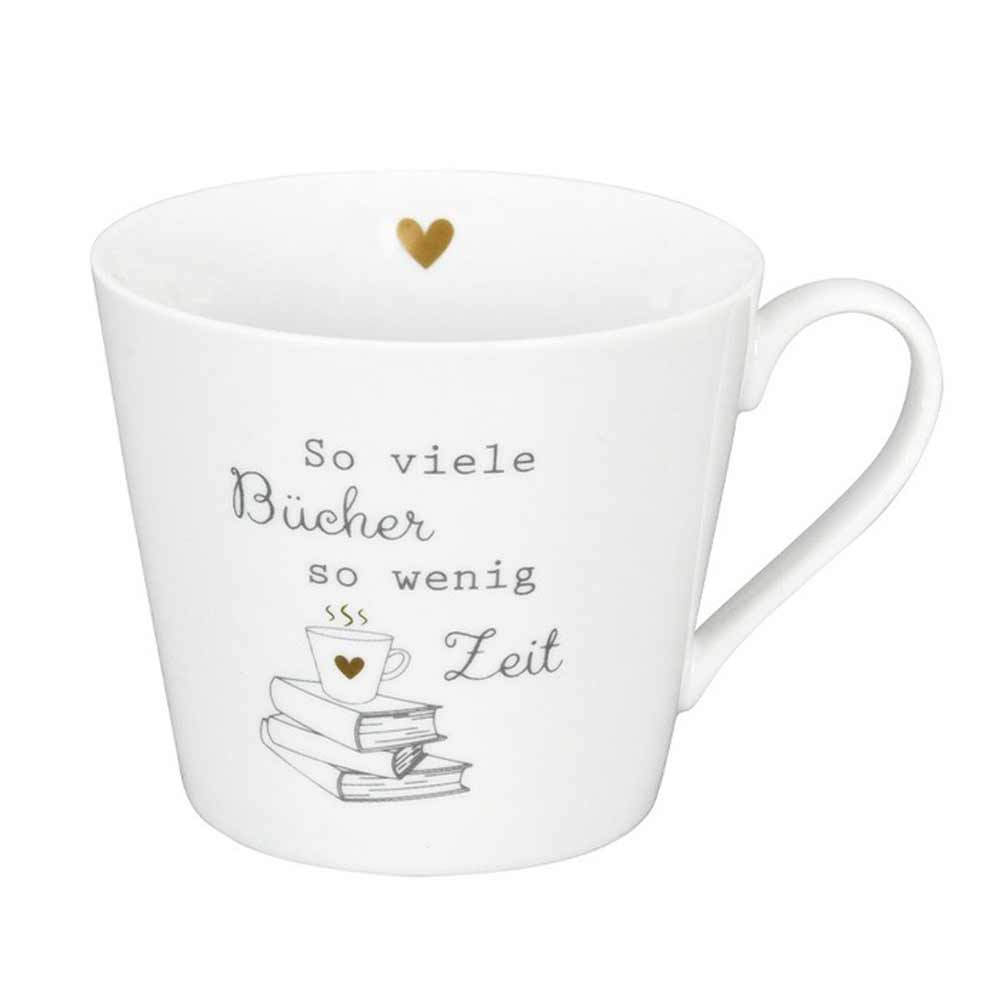 Eine weiße Tasse mit einem goldenen Herz am Rand. Sie zeigt eine Illustration von Teetassen und Büchern mit dem deutschen Text „So viele Bücher, so wenig Zeit“. Dies ist die Krasilnikoff - Happy Cup Lesen macht glücklich.