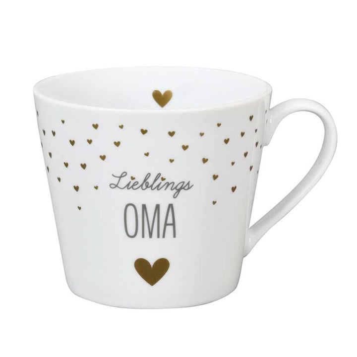 Krasilnikoff - Happy Cup Lieblings Oma mit einem Muster aus kleinen goldenen Herzen und dem Aufdruck „Lieblings OMA“ in Grau und Gold.