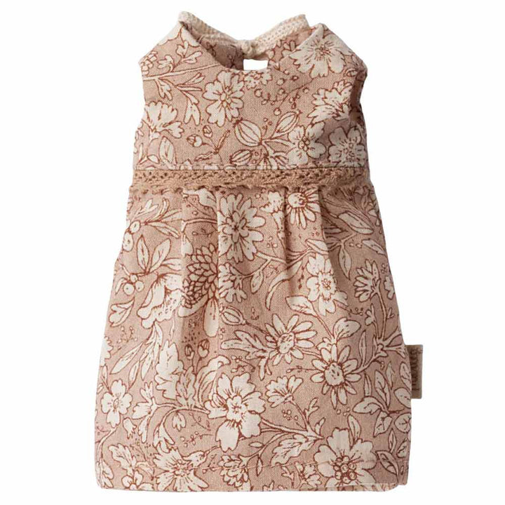 Ein kleines, ärmelloses Kleid aus braunem Stoff mit Blumenmuster und Spitzenbesatz unter dem Oberteil: Maileg - Hase Bunny Größe 1 Blumenkleid Klassik.