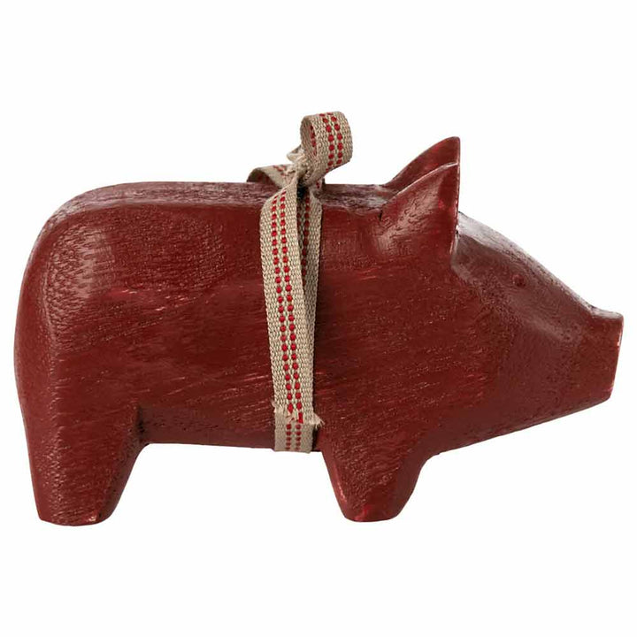 Maileg wooden pig with ribbon - a charming handcrafted artwork, symbolizing luck and prosperity. Perfect for holiday decoration or as a meaningful gift.