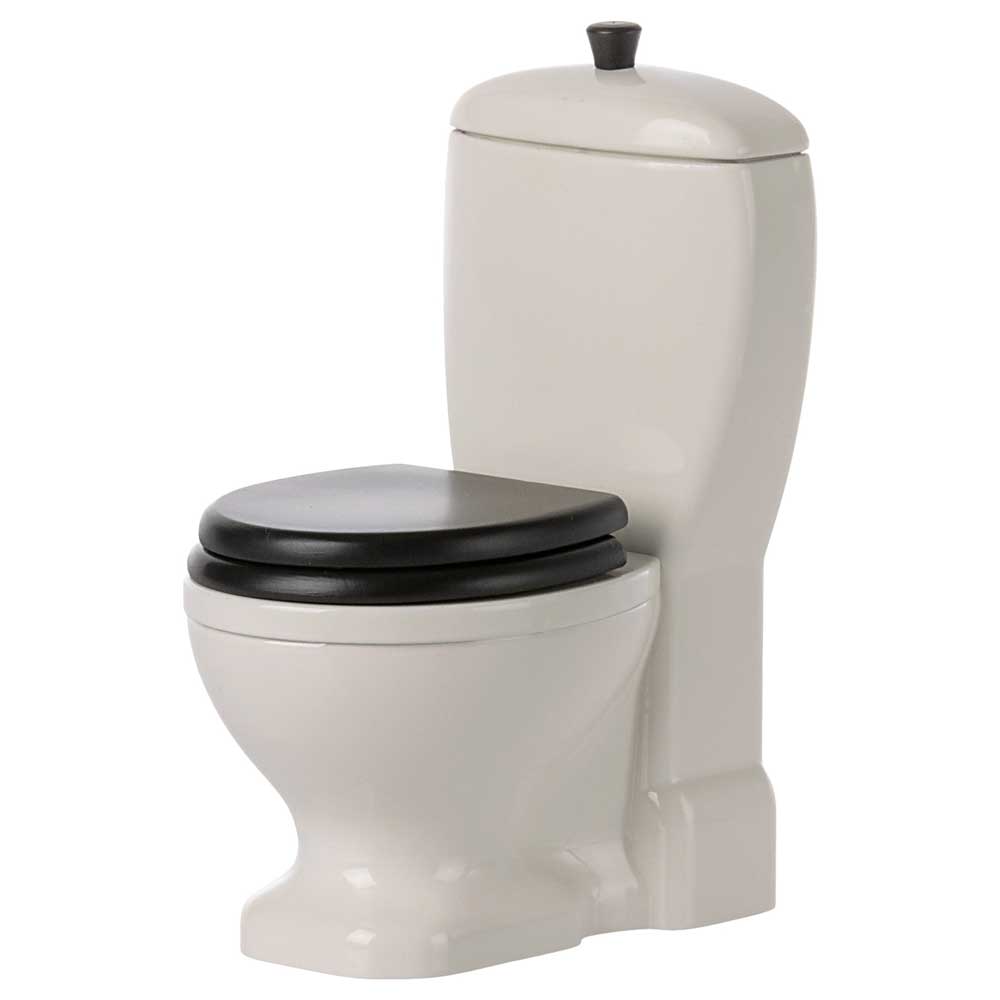 Weiße Maileg - Maus Toilette mit schwarzem Sitz und Deckel.