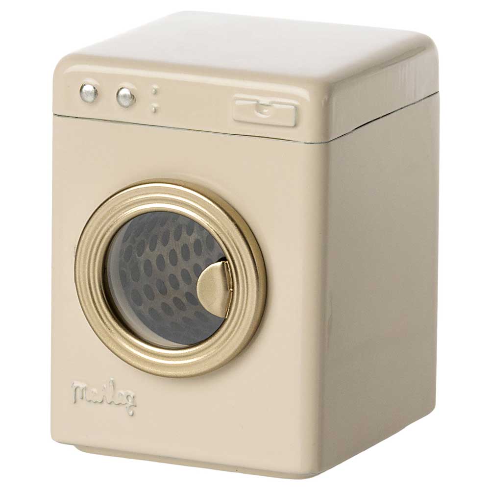Ein kleines, beiges Tischwaschmaschinenmodell „Maleg - Maus Waschmaschine“ mit sichtbarer Frontladertrommel und Bedienknöpfen.