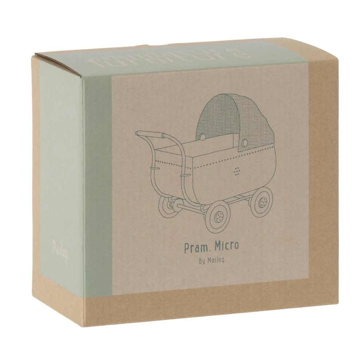 Maileg - Puppenhaus Kinderwagen aus Metall weiß-blau