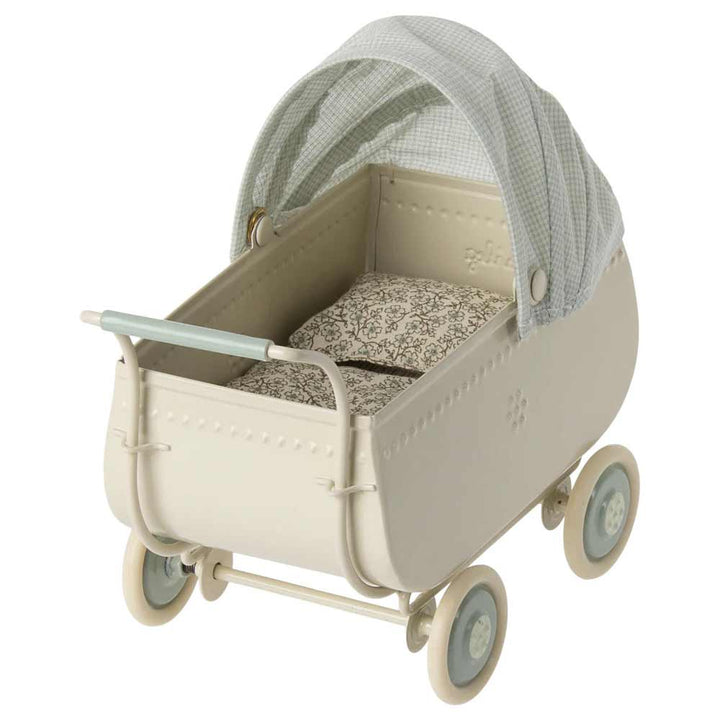 Maileg - Puppenhaus Kinderwagen aus Metall weiß-blau