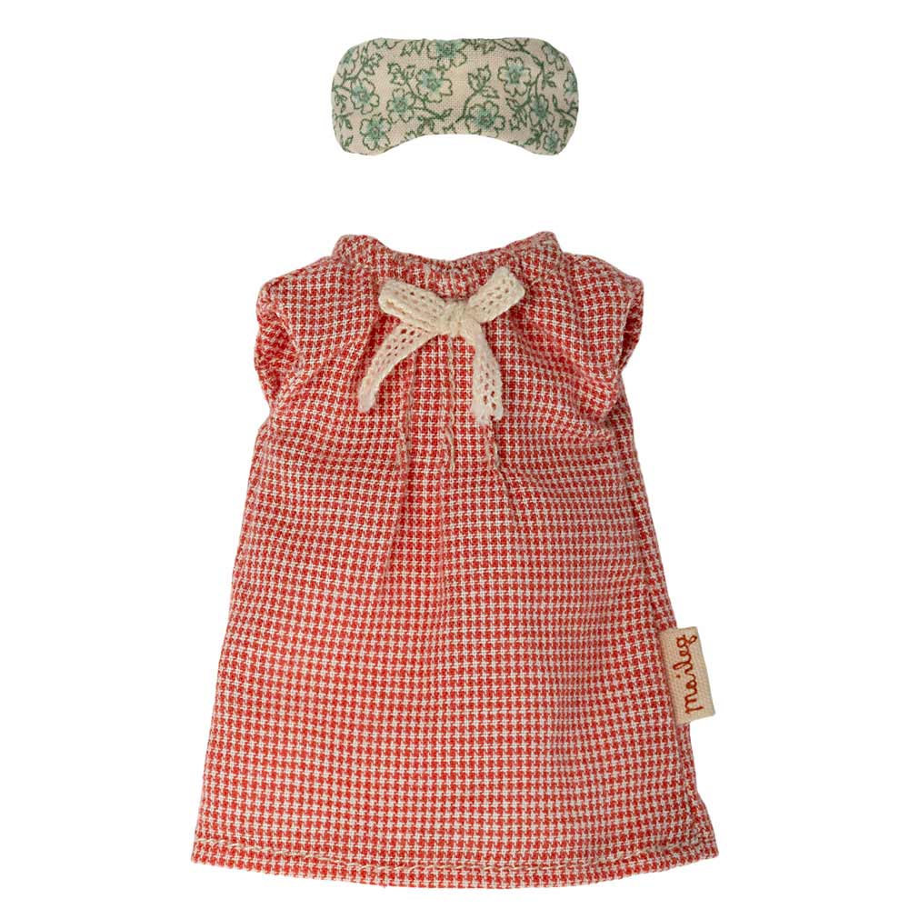 Rot-weißes Gingham-Kleid mit Schleife und passender Augenmaske Maileg - Puppenkleidung für Maus Nachthemd Mama.