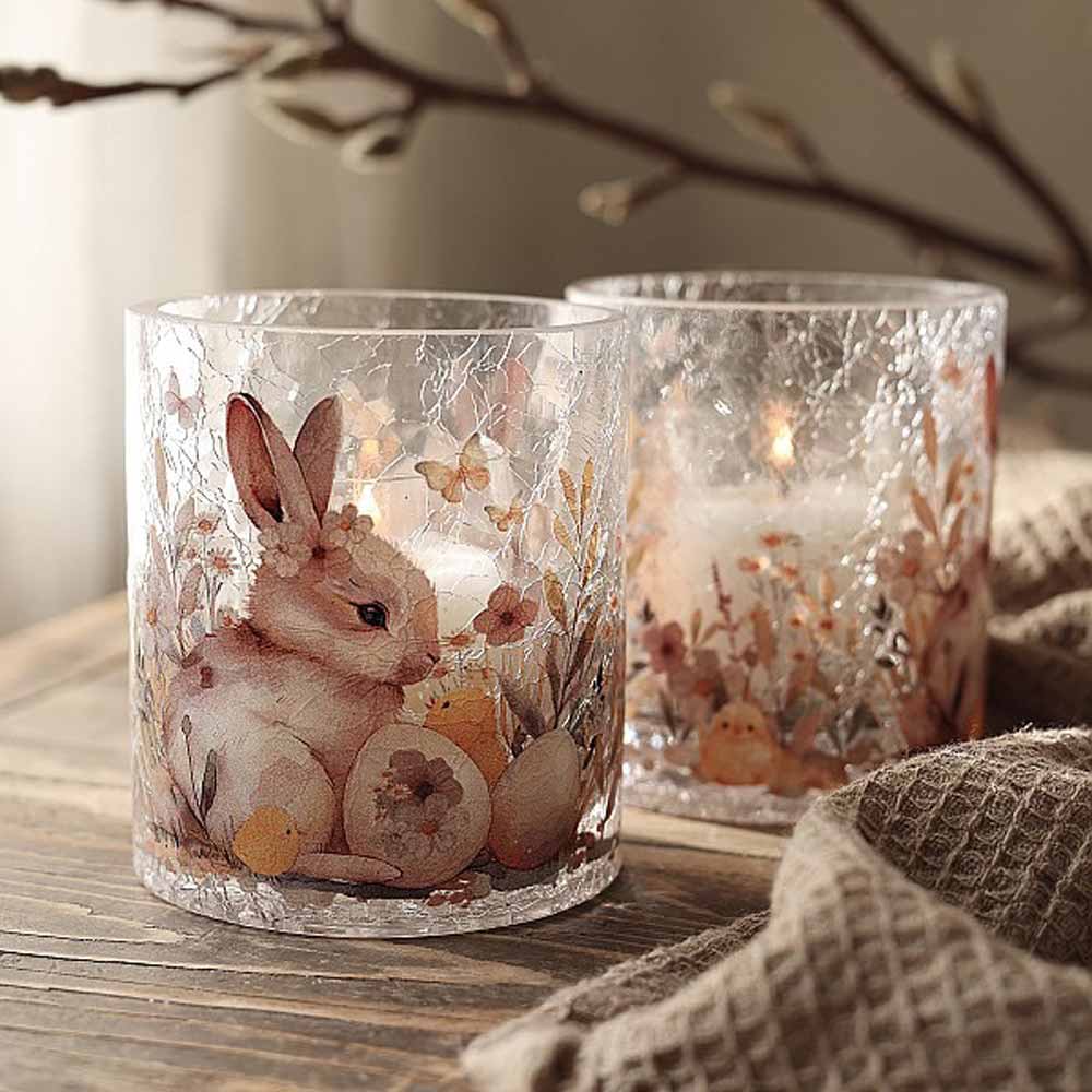 Zwei Glaskerzenhalter von Majas Cottage – Windlicht Hase & Blumen stehen auf einer Holzoberfläche und zeigen ein Kaninchen- und Blumenkunstwerk. Jeder Halter enthält eine brennende Kerze, wobei im Vordergrund teilweise strukturierter Stoff sichtbar ist.