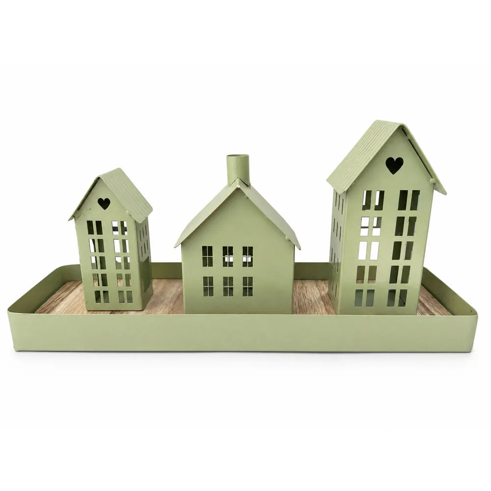 Alsaba Home - Metall-Tablett mit 3 Dekohäusern und Holzboden