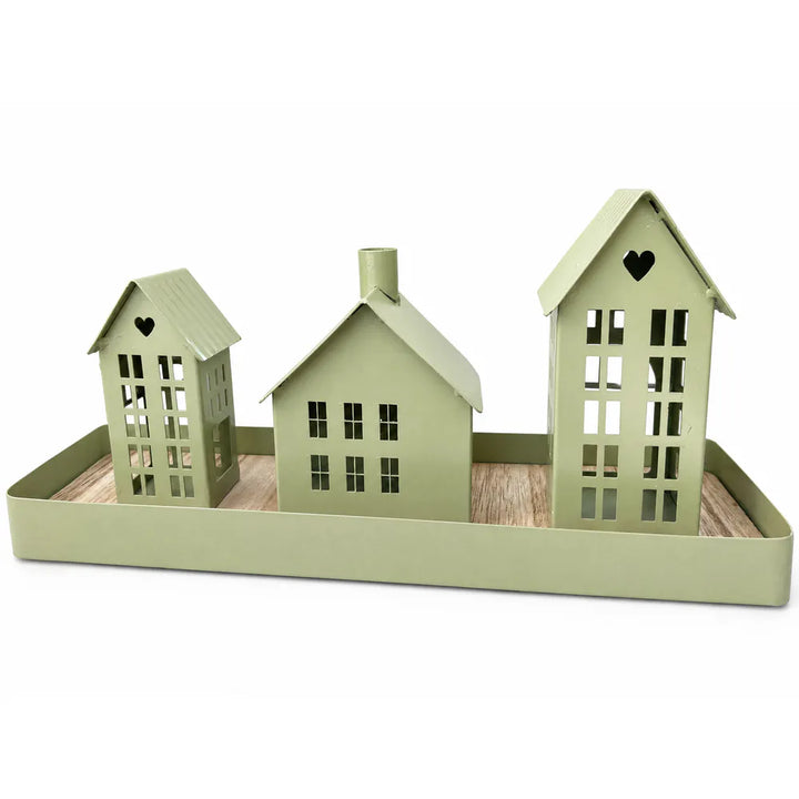 Alsaba Home - Metall-Tablett mit 3 Dekohäusern und Holzboden
