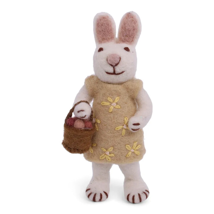 Gry &amp; Sif - Kleiner weißer Hasen-Mädchen mit gelbem Kleid &amp; Eierkorb