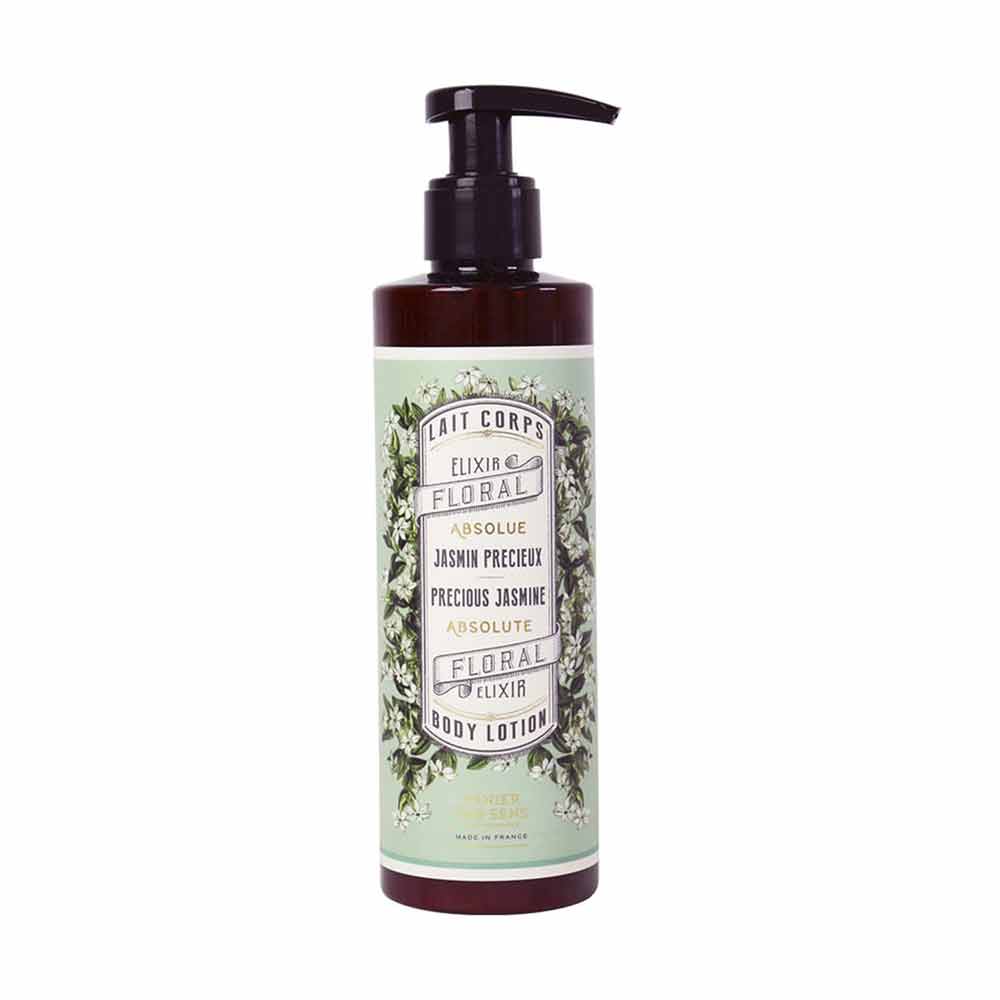 Eine Flasche Panier des Sens – Bodylotion Jasmin 250 ml mit Spenderpumpe, mit einem Design mit Jasminblüten auf dem Etikett.