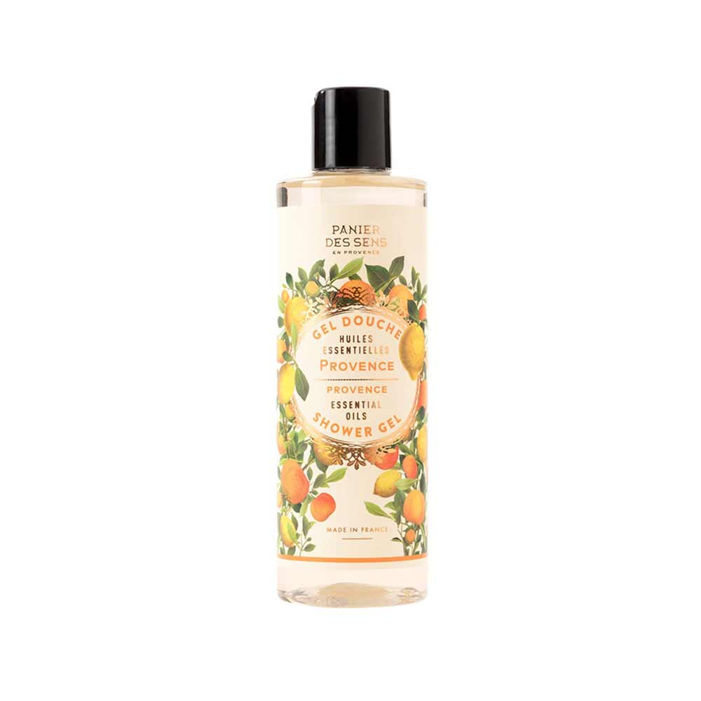 Eine Flasche Panier des Sens – Duschgel Provence 250 ml mit einem illustrierten Obst- und Blumenetikett, das Orangen und Blätter auf weißem Hintergrund zeigt.