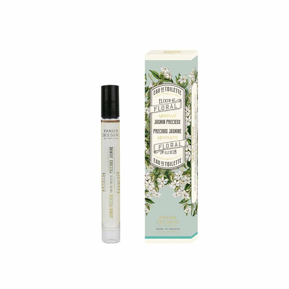 Abgebildet sind eine Schachtel und eine kleine Sprühflasche mit Panier des Sens - Eau de Toilette Roll-on Jasmin 10 ml. Beide sind mit Blumenmotiven versehen. Die Flasche ist durchsichtig mit einem schwarzen Deckel, während die Schachtel pastellgrün mit weißen Blumen ist.