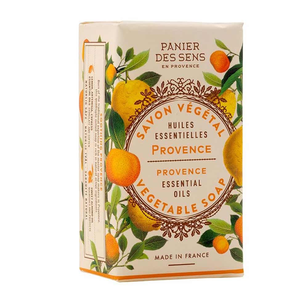 Eine Schachtel Panier des Sens – Feste Seife mit Duft Orangenblüte 150g, dekoriert mit Illustrationen von Zitrusfrüchten und Blättern. Hergestellt in Frankreich.