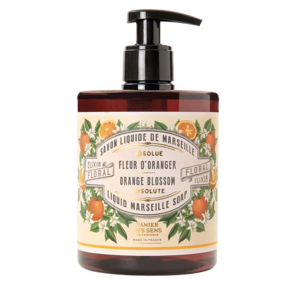 Eine Pumpflasche Panier des Sens – Marseiller Flüssige Handseife Orangenblüte 500 ml. Das Etikett zeigt Abbildungen von Orangenblüten und Orangen.