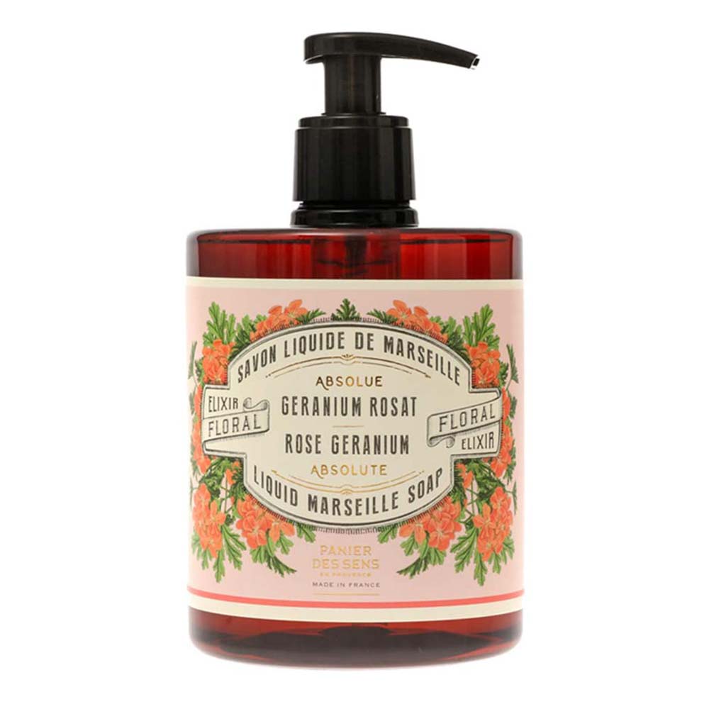 Eine Flasche Panier des Sens - Marseiller Flüssige Handseife Rosengeranie 500 ml. Das Etikett zeigt Blumenmuster und einen Text, der den Duft als „Rosengeranie“ bezeichnet. Die Flasche hat einen Pumpspender und enthält 16,9 fl oz Seife.
