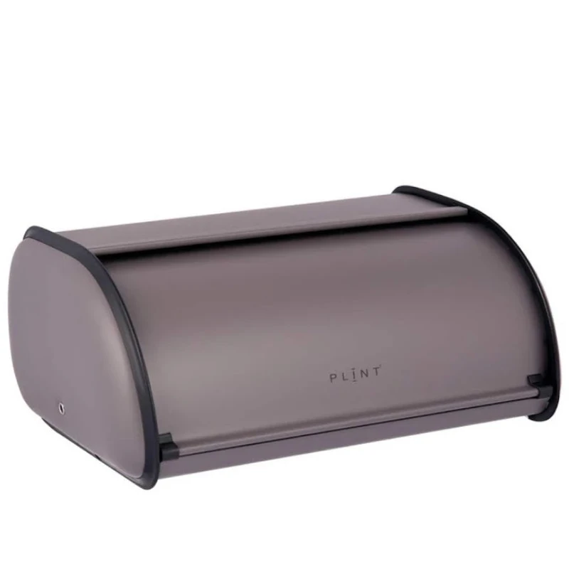 Ein mattgrauer Metall-Brotkasten mit Rolltop-Deckel, schwarzer Verzierung und der Aufschrift "Plint - Brotkasten Retro Vintage" auf der Vorderseite.