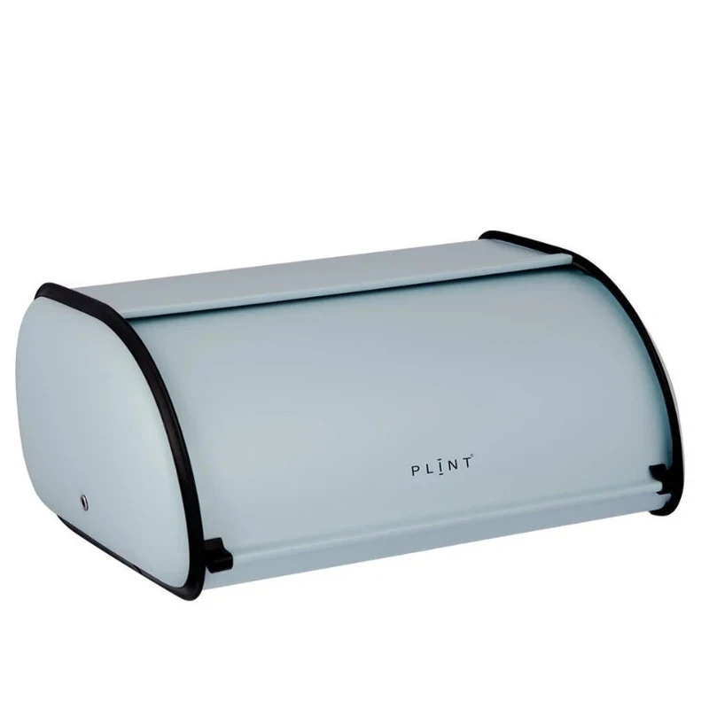 Hellblauer Brotkasten aus Metall, "Plint - Brotkasen Retro Vintage", mit Rolltop-Deckel, schwarzer Verzierung und "PLINT" auf der Vorderseite.