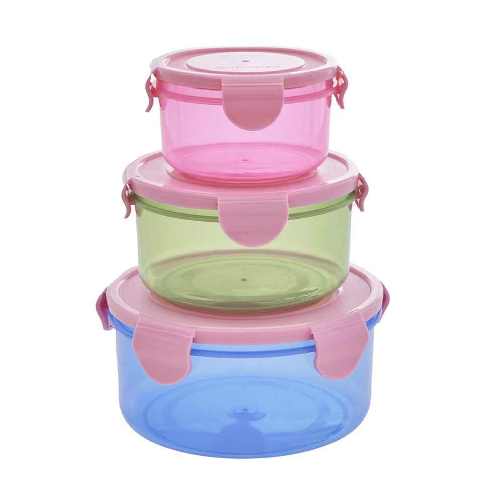 Drei stapelbare Rice – Lunchbox rund Mehrfarbig 3er-Set Frischhaltedosen in Pink, Grün und Blau, jeweils mit passenden Stülpdeckeln.