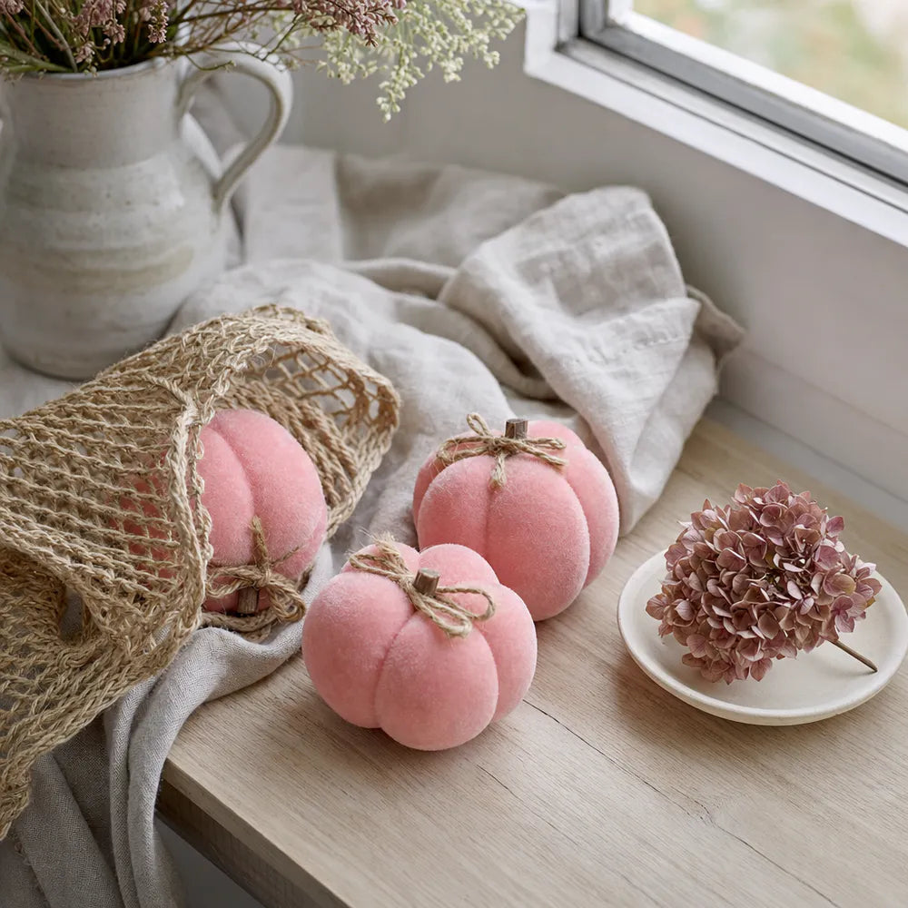 Alsaba Home - Rosa Samtkürbisse 3er-Set im Netz aus Holz