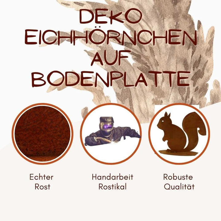Unter dem Text über Rostikal - Metalldeko Rost Eichhörnchen Kecki heben drei Icons das echte Rostfinish, die handwerkliche Rostoptik und die robuste Qualität als trendige Herbstdekoration hervor.