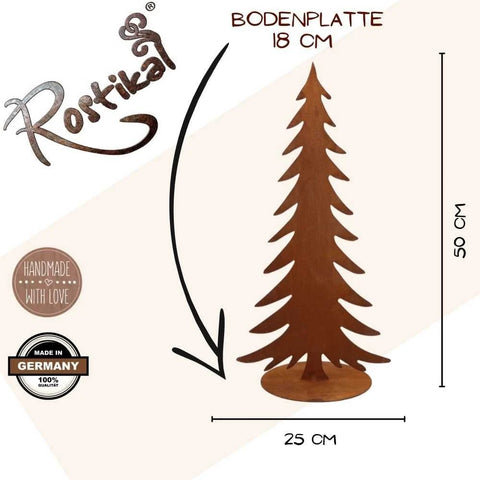 Der Rotikal - Rost Deko Tannenbaum ist ein handgefertigter rostfarbener Christbaumschmuck aus Metall aus Deutschland. Er ist 50 cm hoch, 25 cm breit und hat einen Sockel von 18 cm.