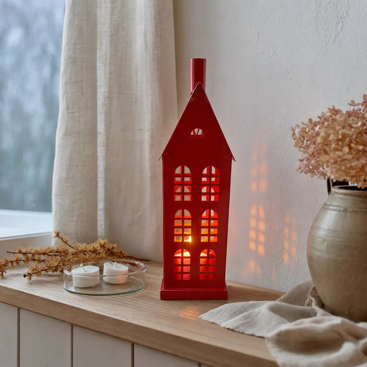 Alsaba Home - Rotes Metall-Windlicht Haus M