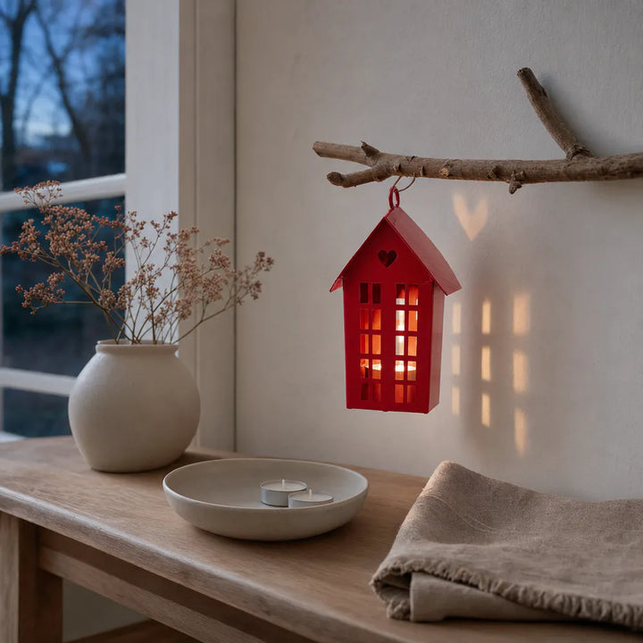Alsaba Home - Rotes Metall-Windlicht Haus — XS | Höhe: 17 cm