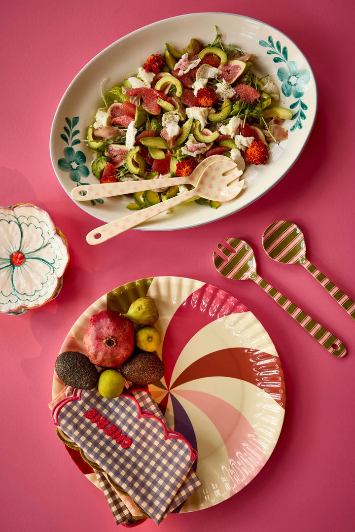 Rice - Melamin Salatlöffel und Gabel mit Streifen-Delight-Druck