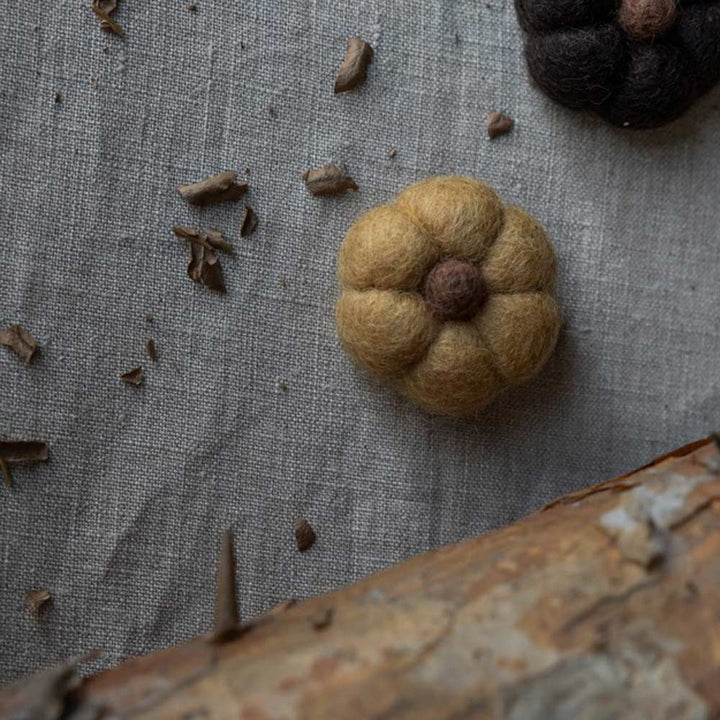 Der Haga Kürbis, eine handgefertigte Blume aus Wollfilz von Storefactory, ruht auf einer Stoffoberfläche, die mit kleinen Holzspänen und einem Stück Baumrinde im Vordergrund verziert ist.