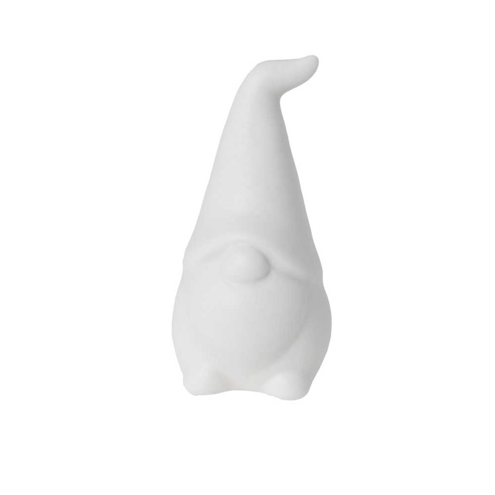 Storefactory – Malte Wichtel Keramik weiß zeigt eine weiße Zwergenfigur aus Keramik mit einem großen, spitzen Hut und einem abgerundeten Sockel, die aufrecht vor einem schlichten Hintergrund steht.