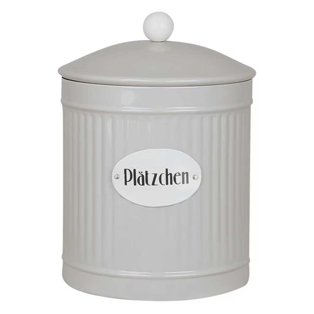 Strömshagas Aufbewahrungsdose Hugo Plätzchen ist eine graue Keksdose aus Keramik mit gerippten Seiten und einem Deckel, verziert mit dem Wort „Plätzchen“ in schwarzer Schrift auf einem weißen ovalen Teller.