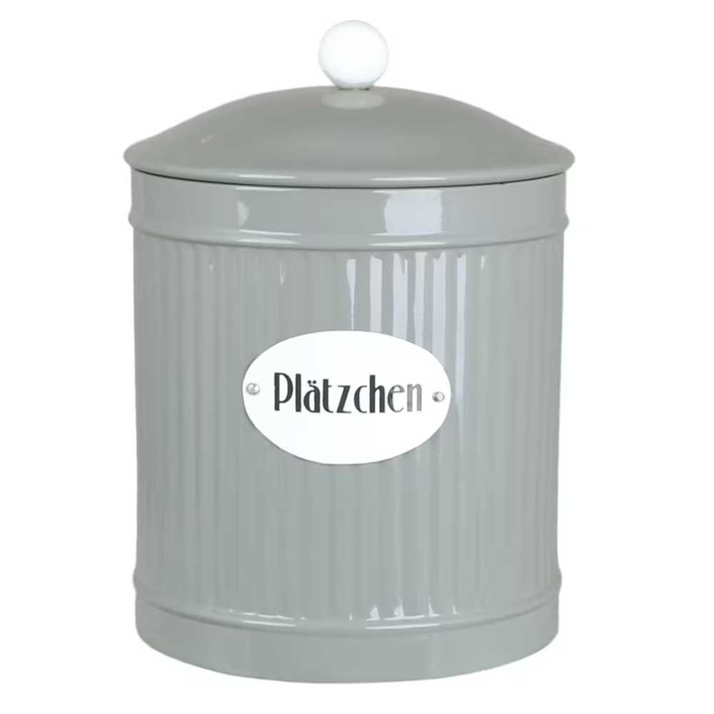Die Strömshaga - Aufbewahrungsdose Hugo Plätzchen ist eine graue Keksdose aus Blech mit einem weißen Knopf auf dem Deckel und einer ovalen Plakette mit dem Wort „Plätzchen“ in schwarzer Schrift.