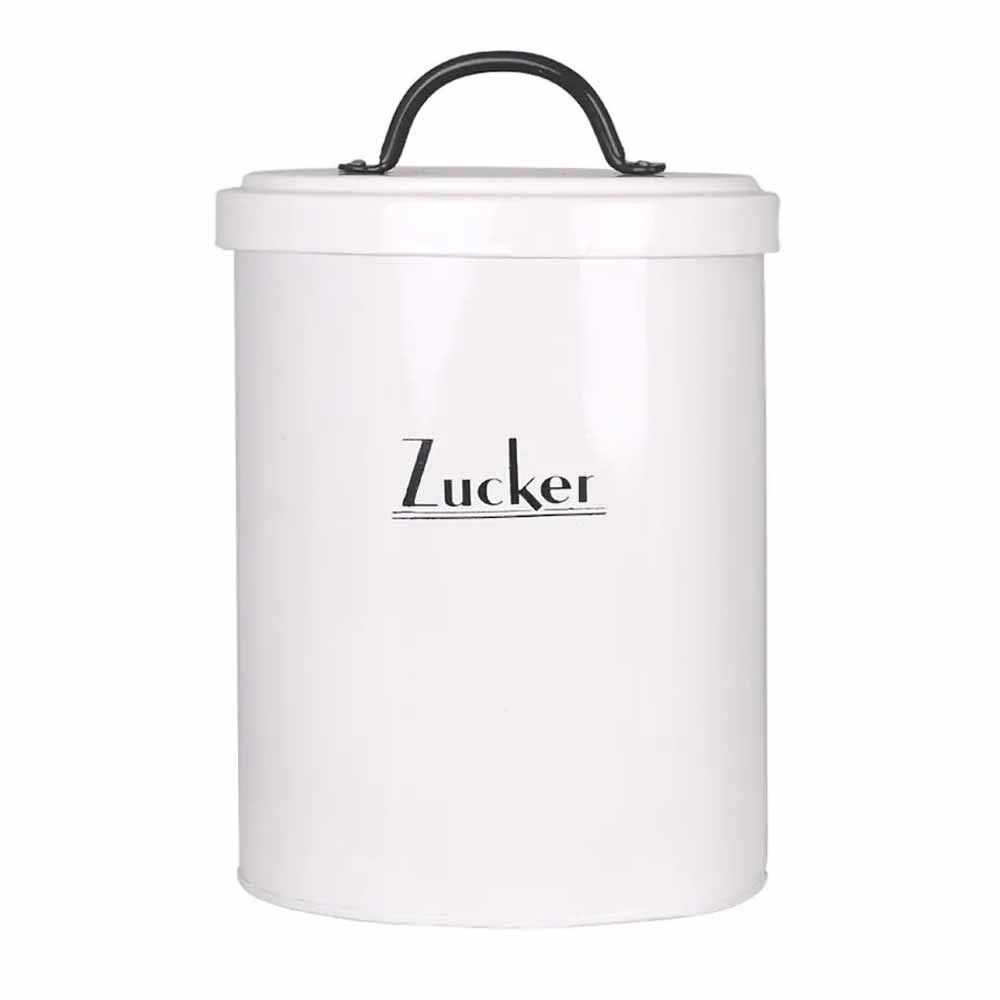 Ein weißer Vorratsbehälter mit der Aufschrift Strömshaga – Vorratsdose Zucker darauf.