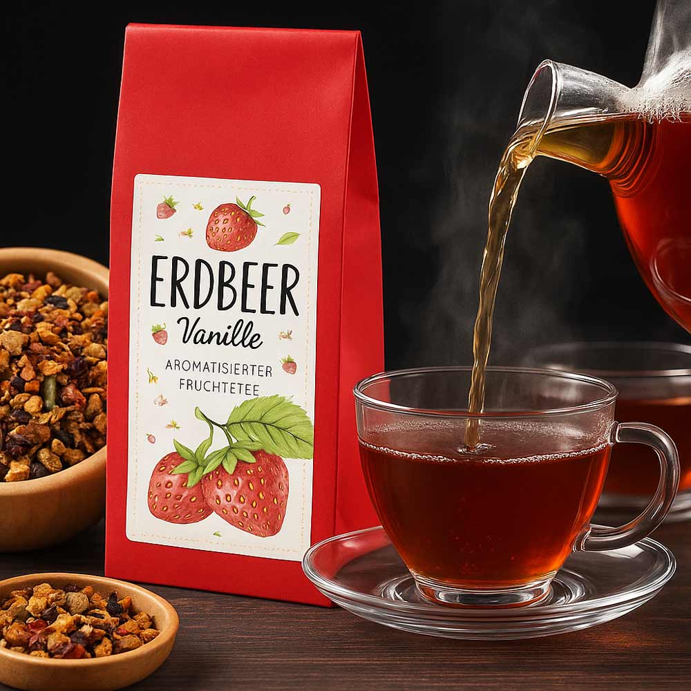 Neben einer 100-g-Packung aromatisierter Früchtetee Erdbeer-Vanille von Tee-Maass und Schalen mit einer losen Früchteteemischung wird Tee in eine Glastasse gegossen.