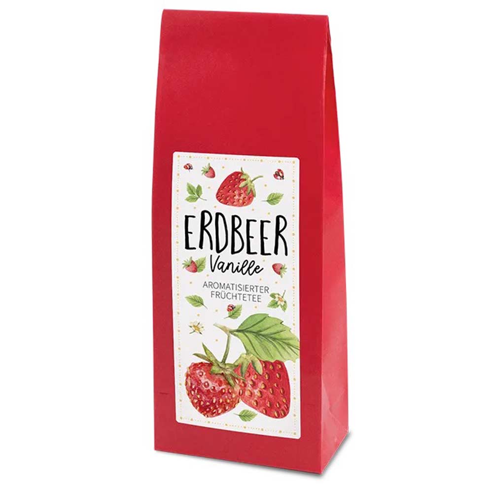 Ein roter 100-g-Beutel Tee-Maass Aromatisierter Früchtetee Erdbeer Vanille mit Erdbeer- und Vanilleillustrationen auf der Vorderseite.